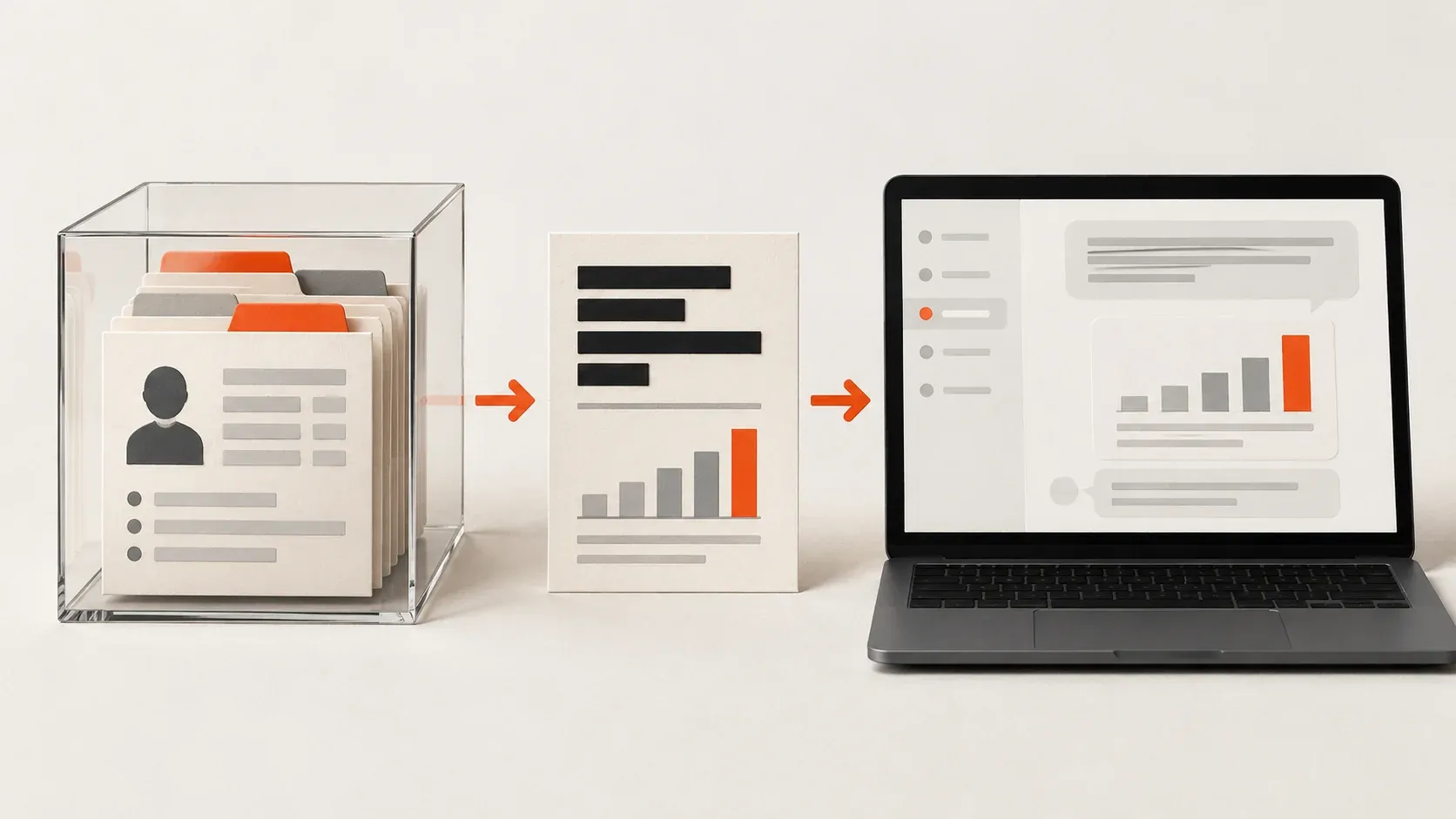 Customer record cards sealed in a clear box, a summary with its identifying fields blacked out and only a bar chart showing, and a laptop chat window that receives just the chart.