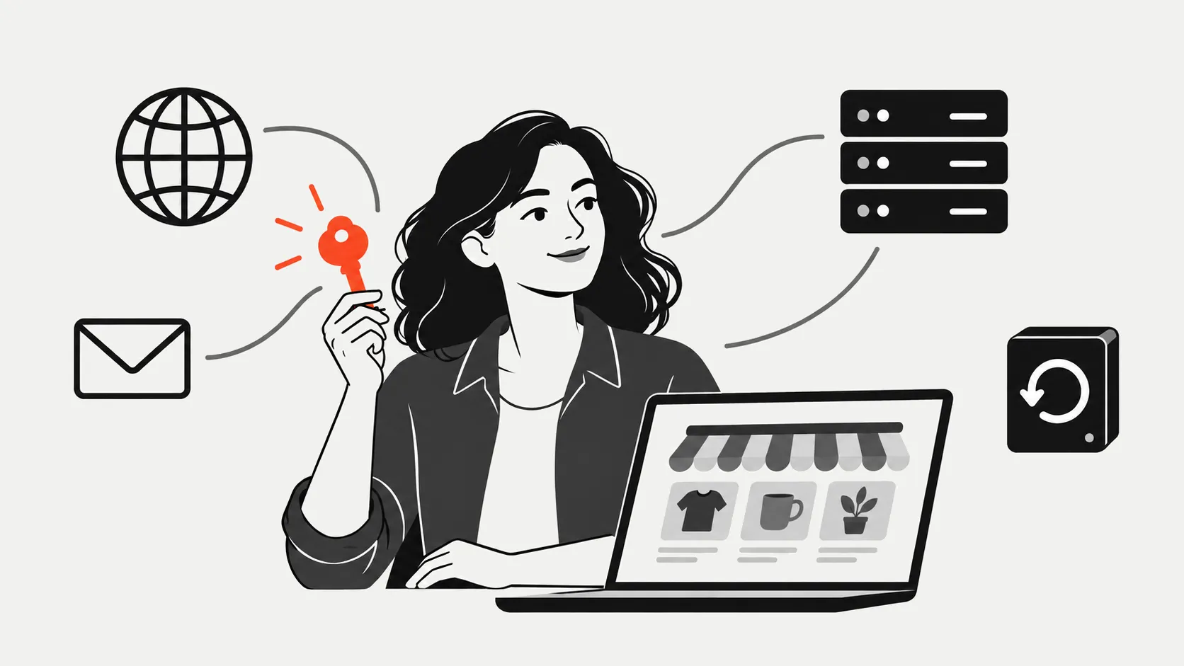 An owner holding a coral key beside a laptop showing an online store, surrounded by a globe, an envelope, a server and a separate backup drive.