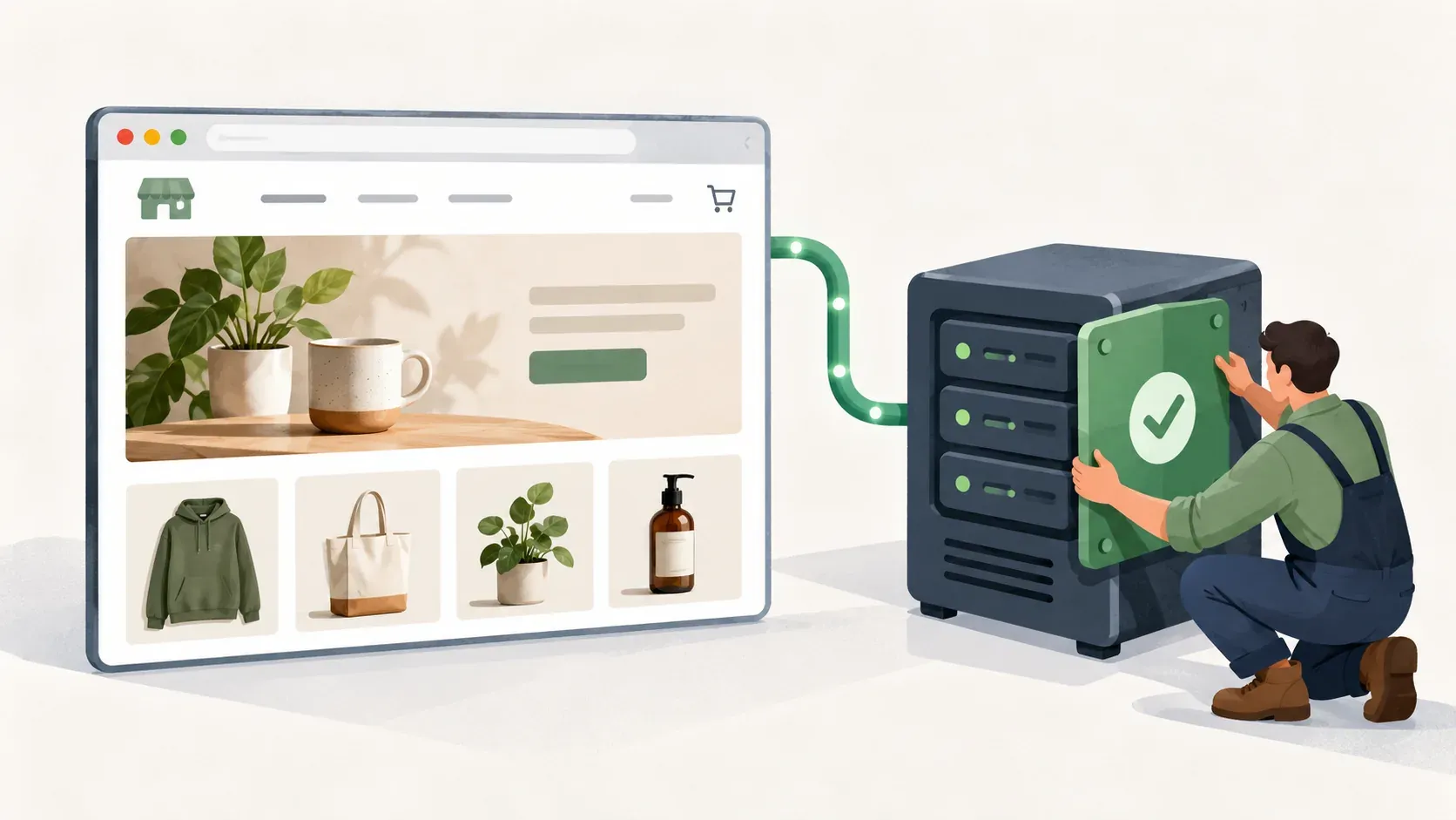 A technician fits a protective panel with a check mark onto a hosting server, which is connected by a cable to a small business's online storefront in a browser window.